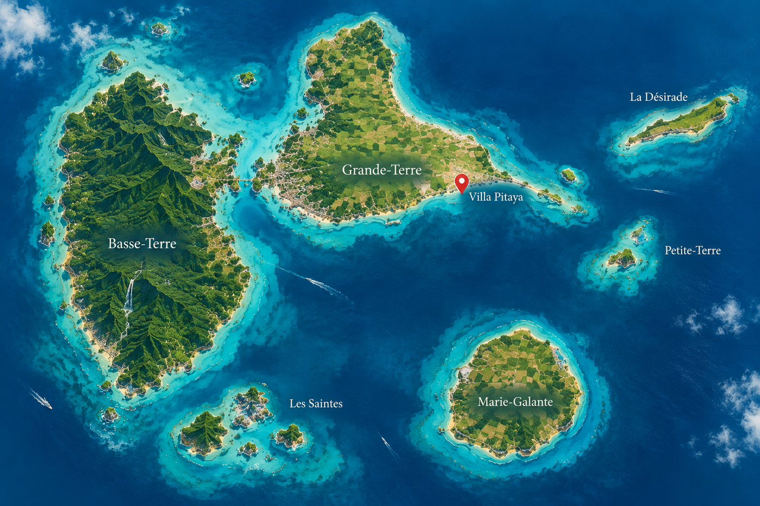 Carte aérienne de la Guadeloupe situant Villa Pitaya à Saint-François